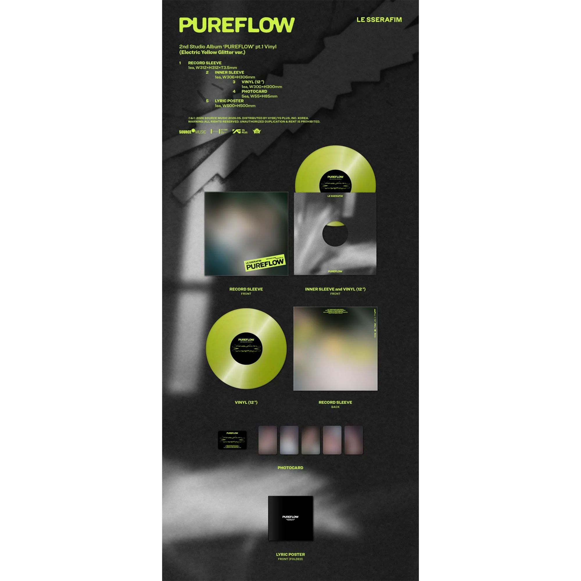 LE SSERAFIM - The 2nd Studio Album ‘PUREFLOW’ pt.1 Vinyl (Electric Yellow Glitter Ver.)