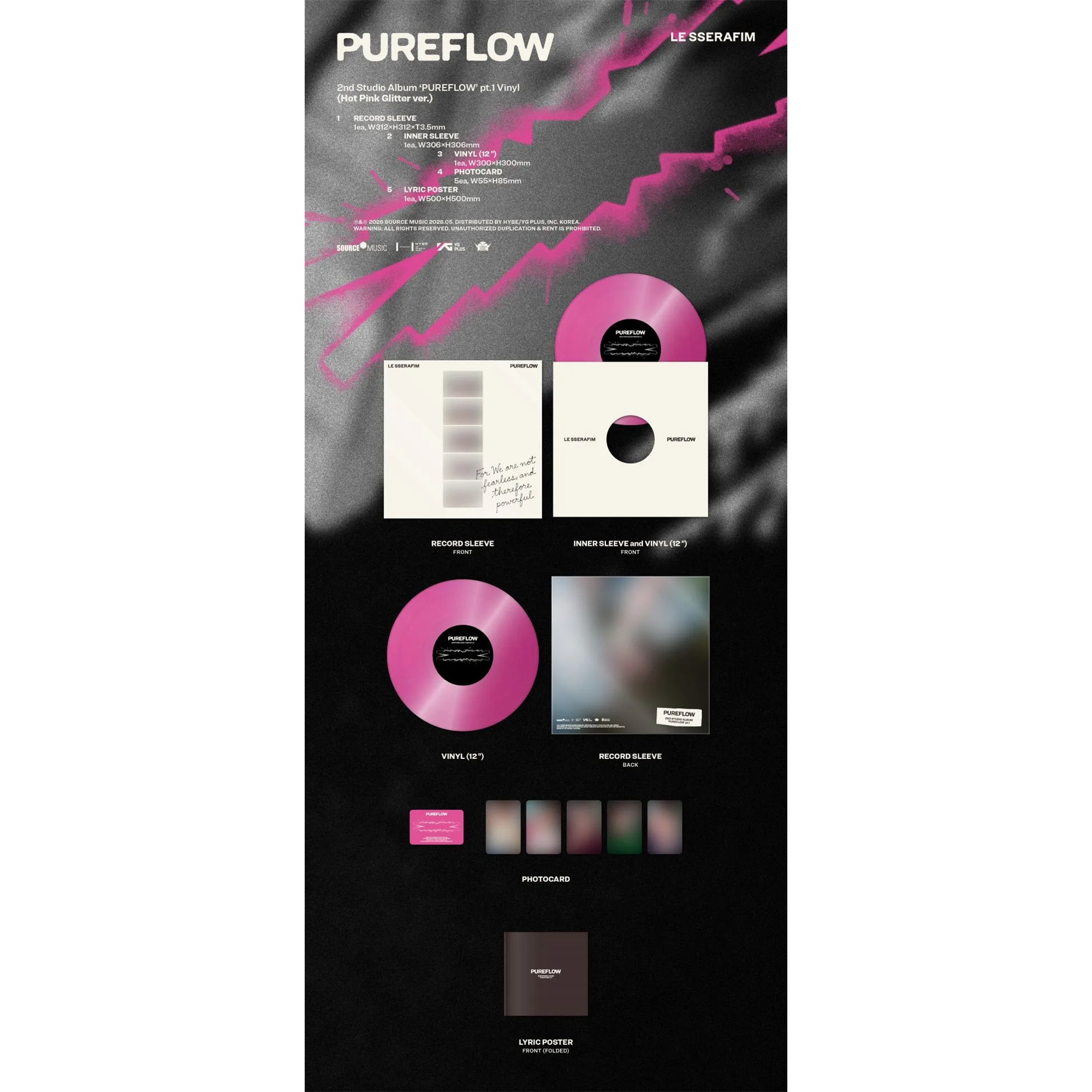 LE SSERAFIM - The 2nd Studio Album ‘PUREFLOW’ pt.1 Vinyl (Hot Pink Glitter ver.)